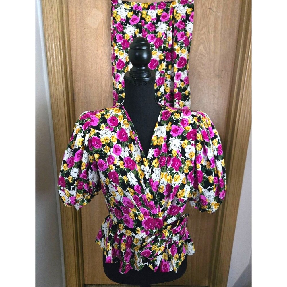 Silk Floral 80's Style Puff Sleeve Colorful Top & Skirt Garden Tea Party Set
